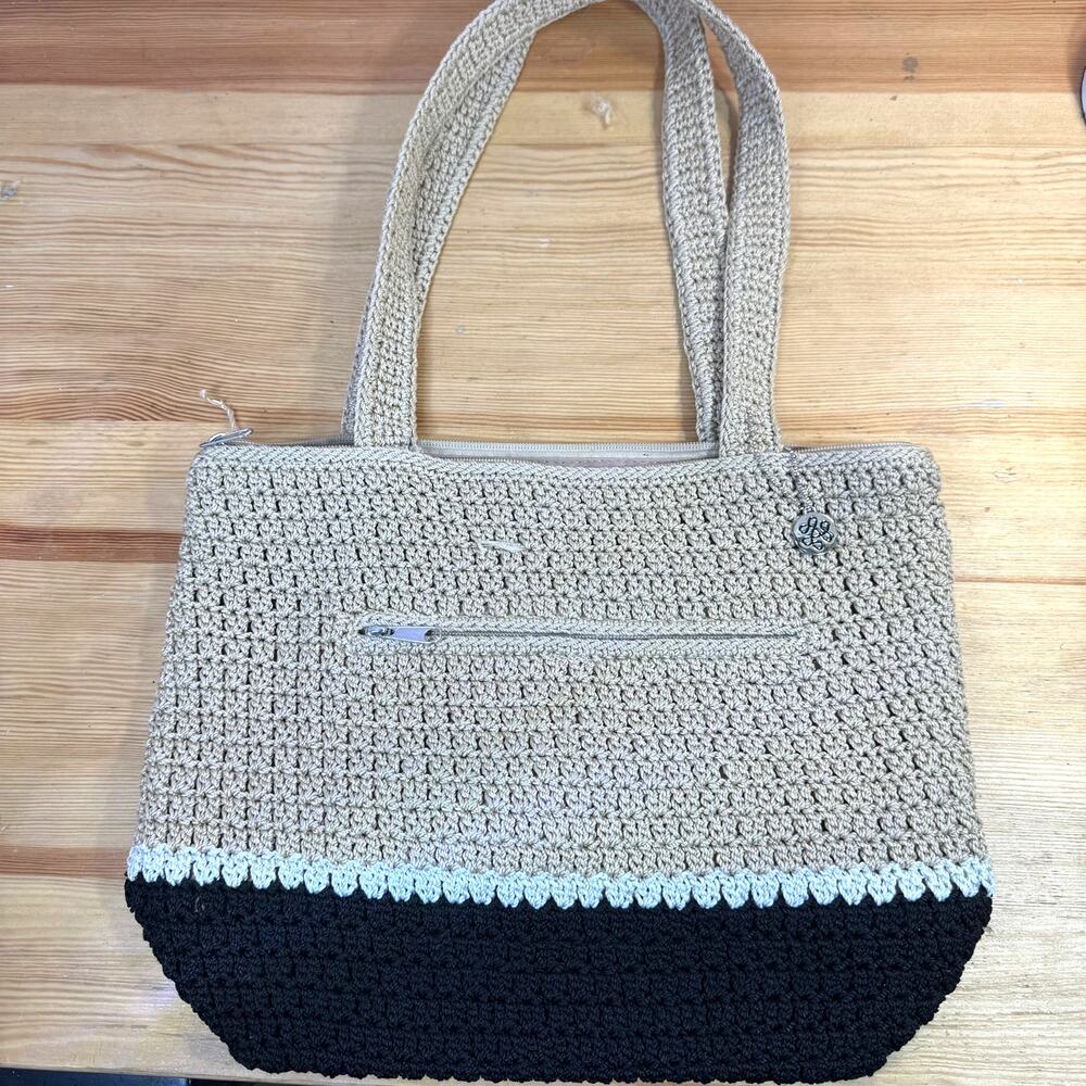 The Sak Crochet Tote Bag Tan Black Shoulder Bag Zip Top Boho